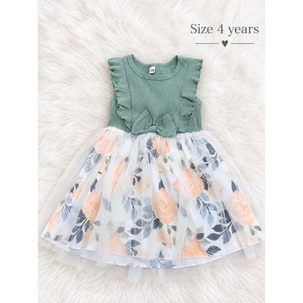 Girls Sage Green Floral Tulle Dress Size 4 Years Ruffle Sleeve Party Dress